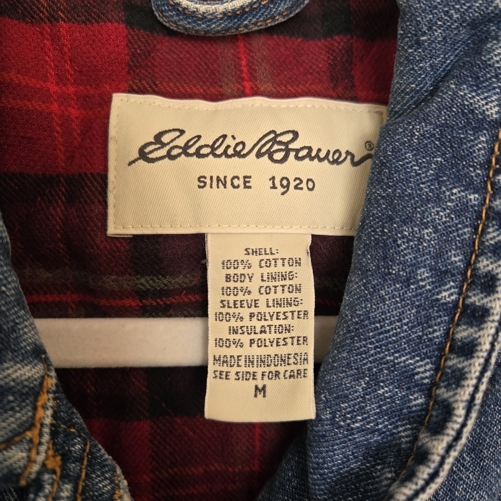Eddie Bauer Denim Trucker Jacket with Red Plaid Flannel Lining Women's Medium - Picture 2 of 8